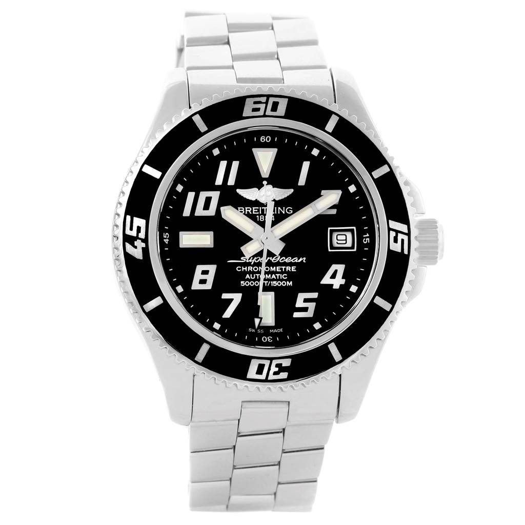 The image shows a front view of the Breitling Superocean A17364 Men's Stainless Steel Black Dial A17364 Men's Stainless Steel Black Dial watch, highlighting its dial, bezel, hands, and bracelet.