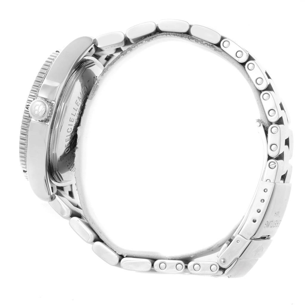 The Breitling Superocean A17364 Men's Stainless Steel Black Dial A17364 Men's Stainless Steel Black Dial watch is shown from a side angle, highlighting its case, crown, and metal bracelet.