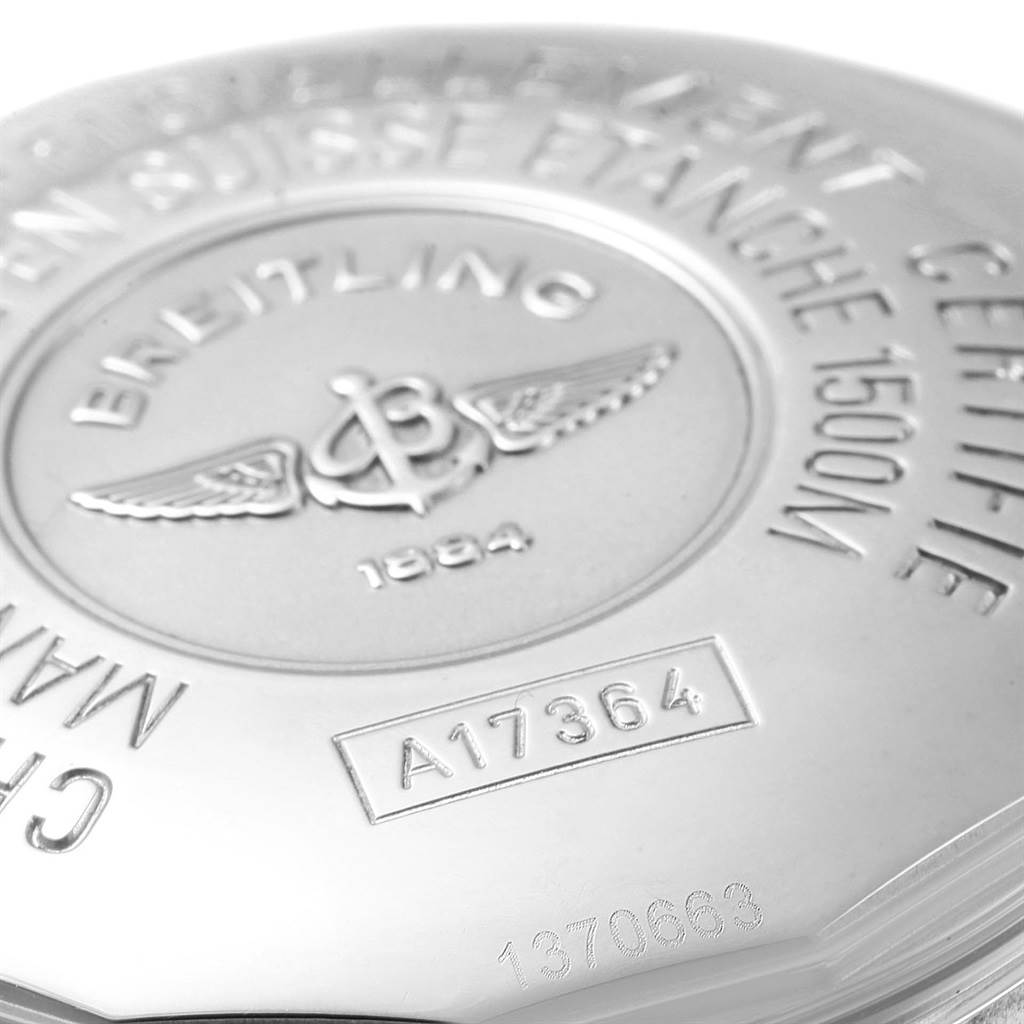 This image shows the back case of a Breitling Superocean A17364 Men's Stainless Steel Black Dial A17364 Men's Stainless Steel Black Dial watch, featuring the model number and engraved branding.