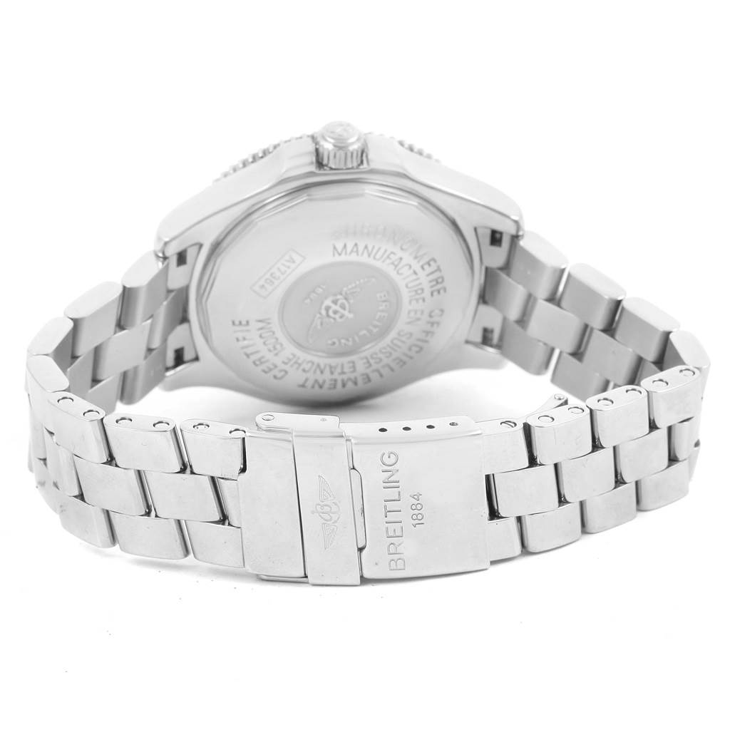 The image shows the back view of a Breitling Superocean A17364 Men's Stainless Steel Black Dial A17364 Men's Stainless Steel Black Dial watch, including the case back and part of the stainless steel bracelet with the Breitling clasp.