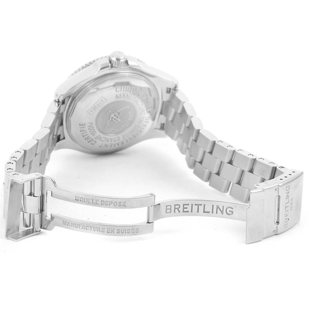 The image displays the back and clasp of a Breitling Superocean A17364 Men's Stainless Steel Black Dial A17364 Men's Stainless Steel Black Dial watch, highlighting the bracelet and engraved logo.