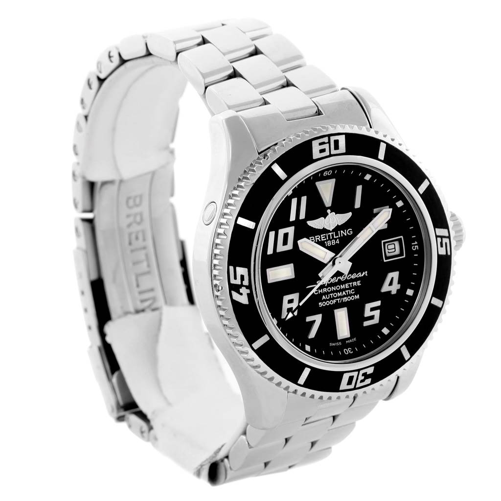 The image shows the Breitling Superocean A17364 Men's Stainless Steel Black Dial A17364 Men's Stainless Steel Black Dial watch at a three-quarter angle, highlighting the dial, bezel, crown, and part of the bracelet.