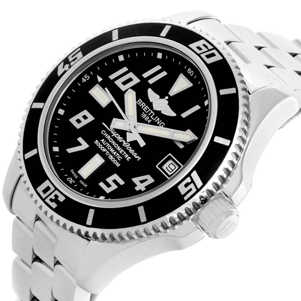 This image shows the Breitling Superocean A17364 Men's Stainless Steel Black Dial A17364 Men's Stainless Steel Black Dial watch at a slight side angle, highlighting the face, bezel, crown, and part of the bracelet.