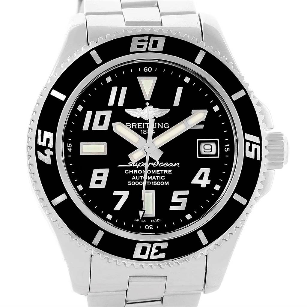 The image shows a front view of the Breitling Superocean A17364 Men's Stainless Steel Black Dial A17364 Men's Stainless Steel Black Dial watch, highlighting its dial, bezel, crown, and part of its bracelet.