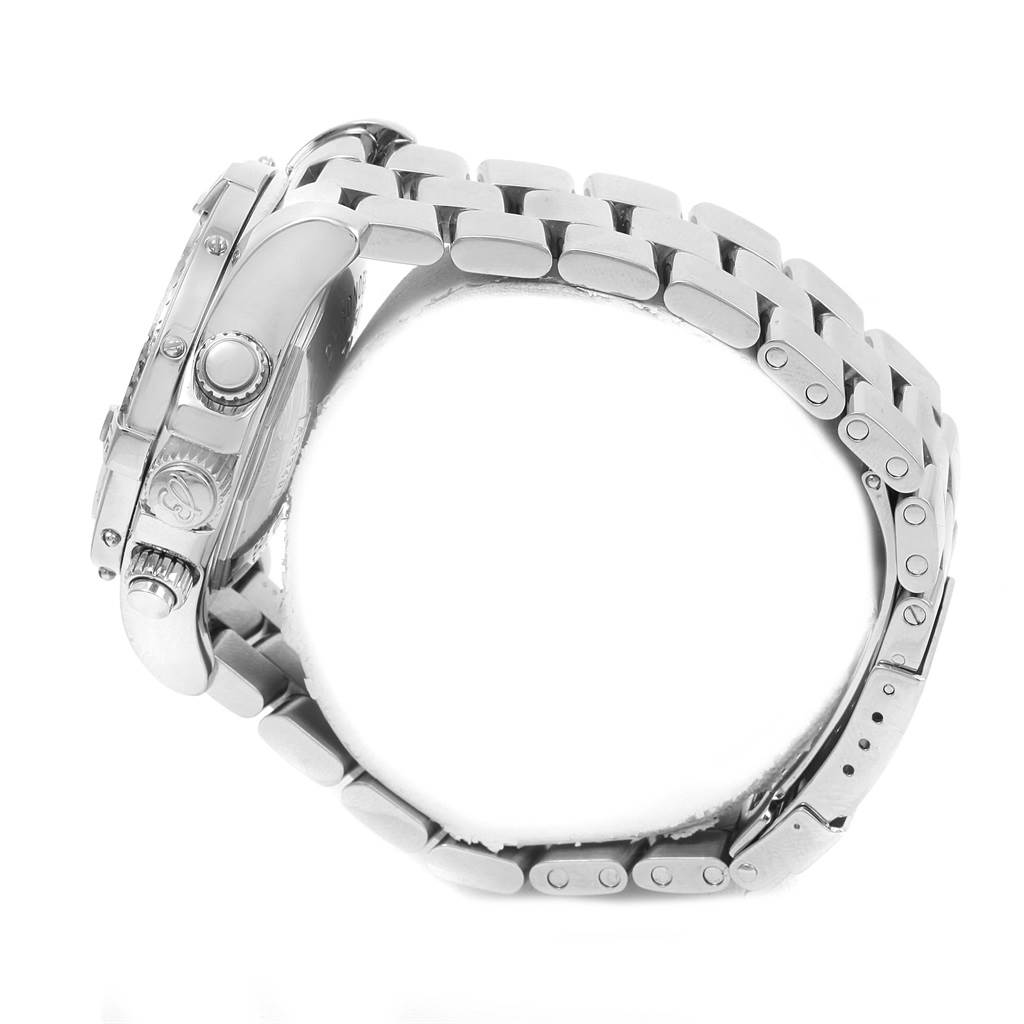 The image shows the side view of a Breitling Superocean A13340 Men's Stainless Steel Black Dial A13340 Men's Stainless Steel Black Dial watch, highlighting its crown, pushers, and metal bracelet.