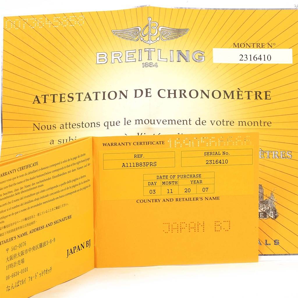 The image shows the warranty certificate and chronometer attestation for a Breitling Superocean A13340 Men's Stainless Steel Black Dial A13340 Men's Stainless Steel Black Dial watch, model number 2316410.