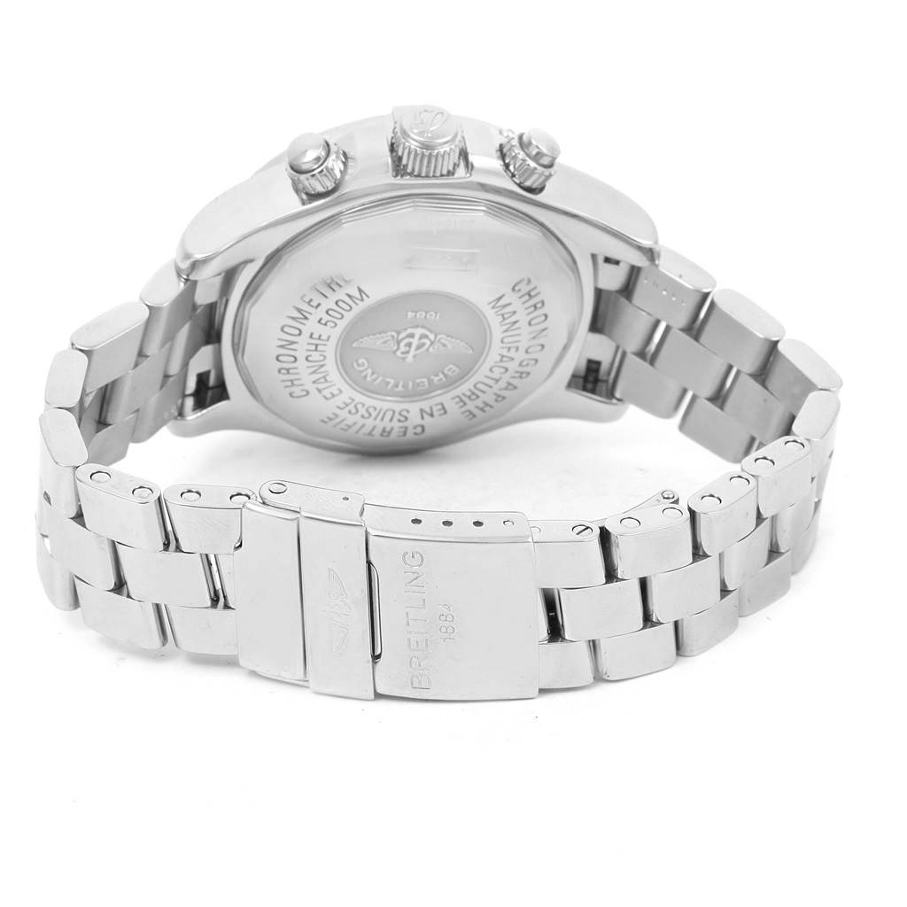 The image shows the back and side view of a Breitling Superocean A13340 Men's Stainless Steel Black Dial A13340 Men's Stainless Steel Black Dial watch, focusing on the case back, crown, and bracelet clasp.