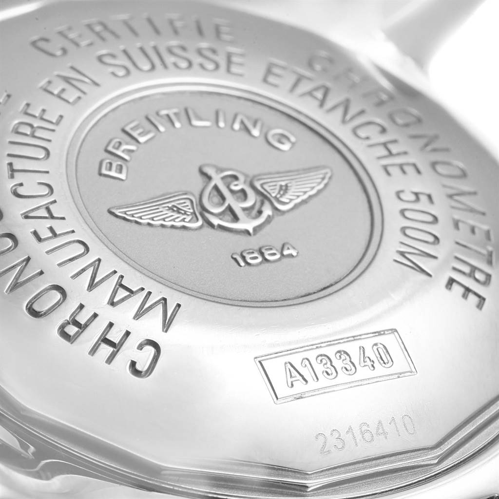 The image shows the case back of a Breitling Superocean A13340 Men's Stainless Steel Black Dial A13340 Men's Stainless Steel Black Dial watch, highlighting engravings and model details.