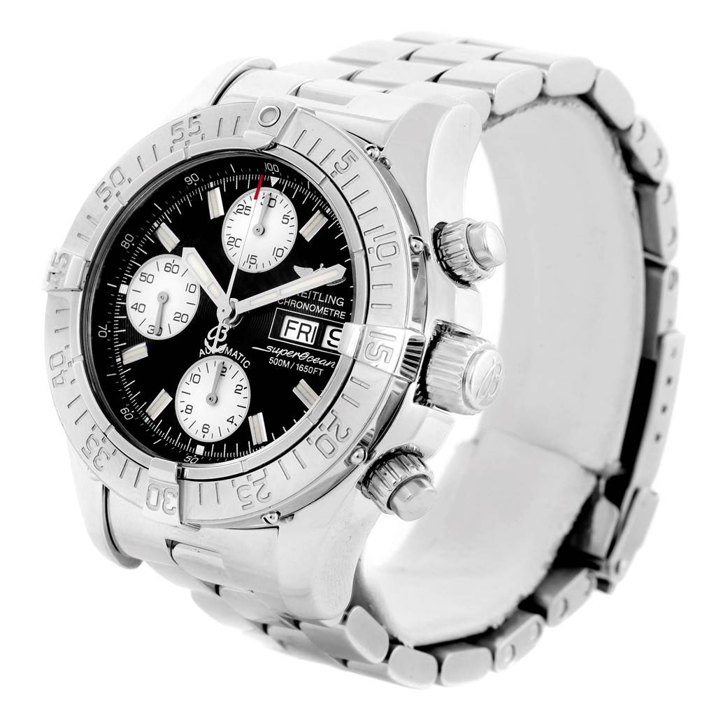 The image shows a Breitling Superocean A13340 Men's Stainless Steel Black Dial A13340 Men's Stainless Steel Black Dial watch at an oblique angle, highlighting its bezel, dial, subdials, and metal bracelet.