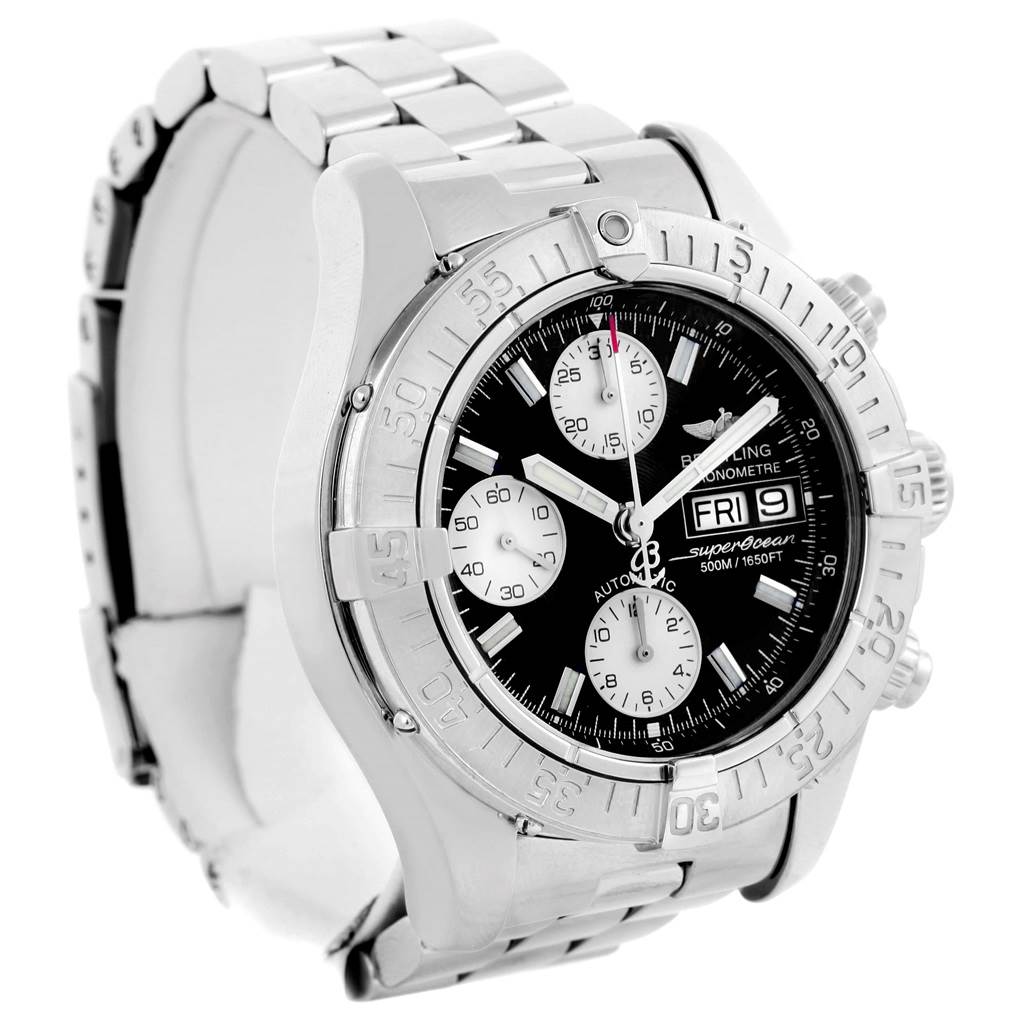 This image shows a Breitling Superocean A13340 Men's Stainless Steel Black Dial A13340 Men's Stainless Steel Black Dial watch at a slight angle, highlighting the face, bezel, and partial metal bracelet.