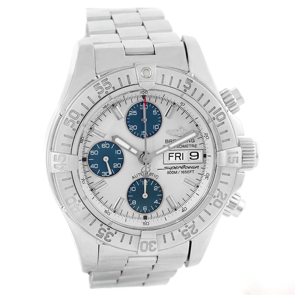 The image shows a frontal view of a Breitling Superocean A13340 Men's Stainless Steel Beige Dial A13340 Men's Stainless Steel Beige Dial watch, highlighting its dial, bezel, and bracelet.