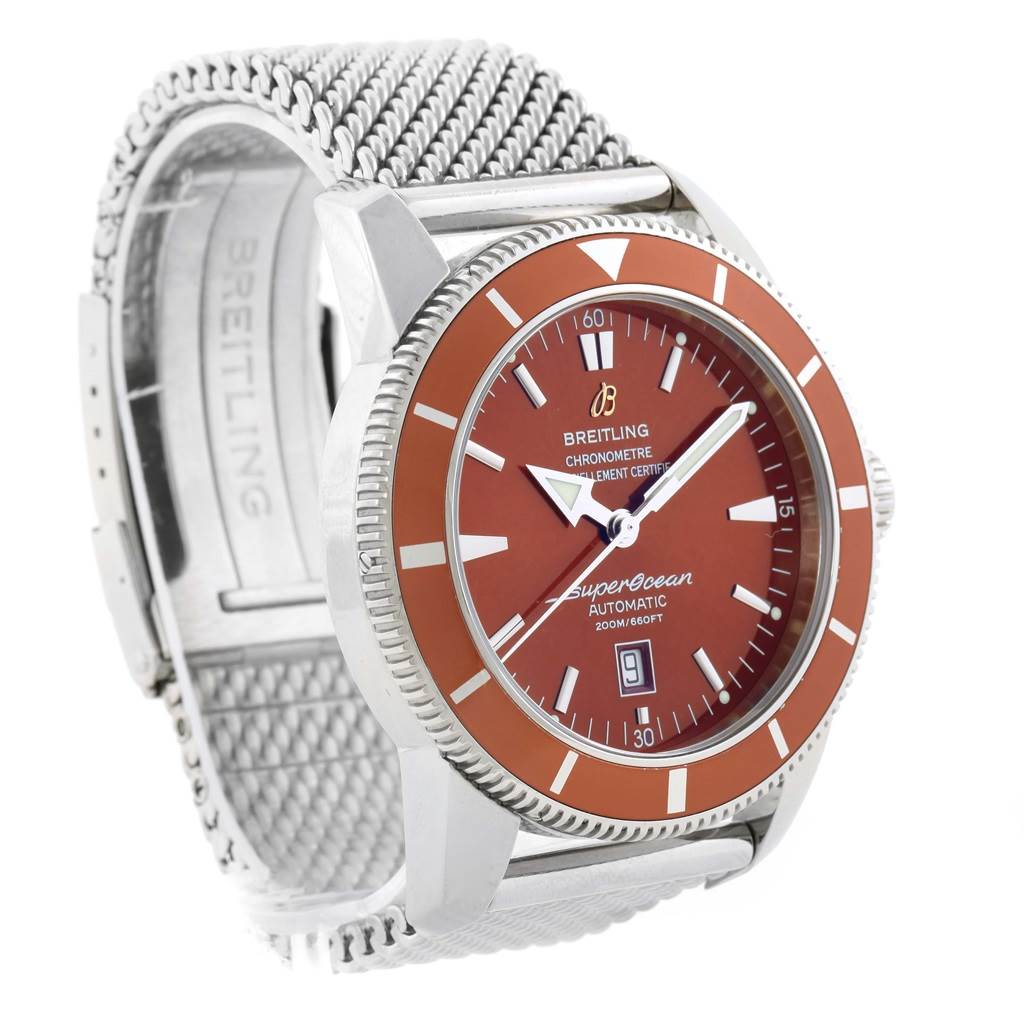The image shows a Breitling Superocean A17320 Men's Stainless Steel Brown Dial A17320 Men's Stainless Steel Brown Dial watch angled from the front-left, highlighting the dial, bezel, and mesh bracelet.
