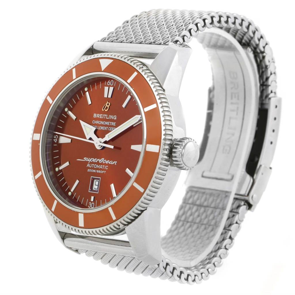 The Breitling Superocean A17320 Men's Stainless Steel Brown Dial A17320 Men's Stainless Steel Brown Dial watch is shown in a three-quarter angle, displaying the dial, bezel, crown, and a portion of the metal bracelet.