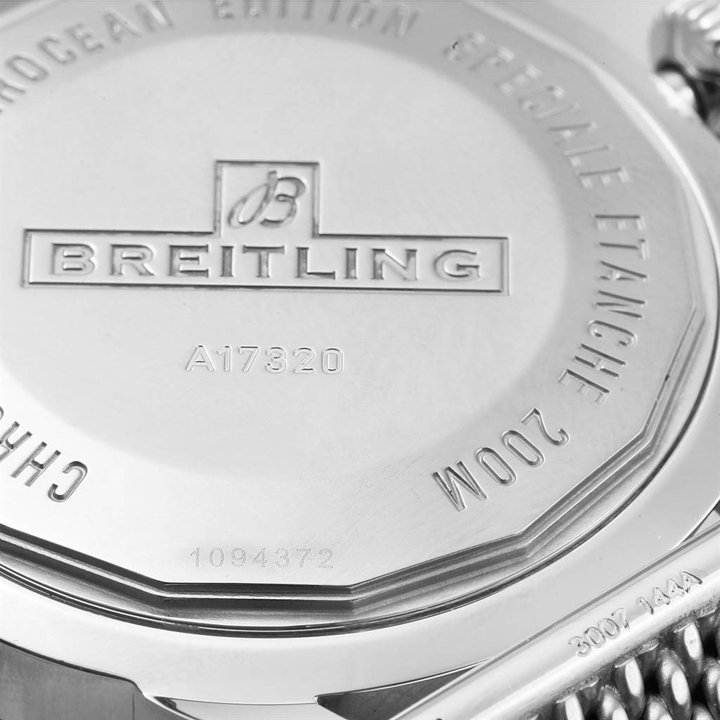This image shows the case back of the Breitling Superocean A17320 Men's Stainless Steel Brown Dial A17320 Men's Stainless Steel Brown Dial watch, highlighting the engraved brand logo, model number, and water resistance details.