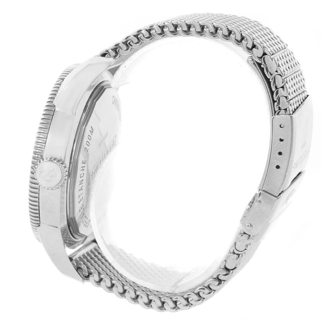 The image shows a side view of a Breitling Superocean A17320 Men's Stainless Steel Brown Dial A17320 Men's Stainless Steel Brown Dial watch, highlighting the case, bezel, and metal bracelet.