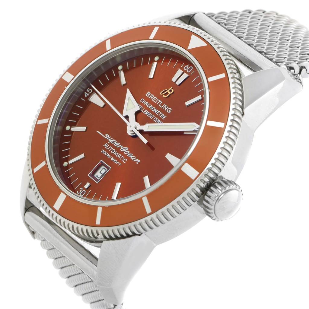 The Breitling Superocean A17320 Men's Stainless Steel Brown Dial A17320 Men's Stainless Steel Brown Dial watch is shown at an oblique angle, highlighting the dial, bezel, crown, and part of the mesh band.