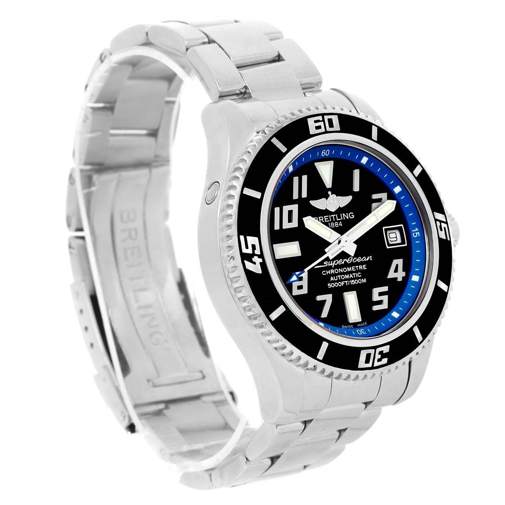 The Breitling Superocean A17364 Men's Stainless Steel Black Dial A17364 Men's Stainless Steel Black Dial watch is shown at a slight angle, displaying its stainless steel bracelet, bezel, and dial features.