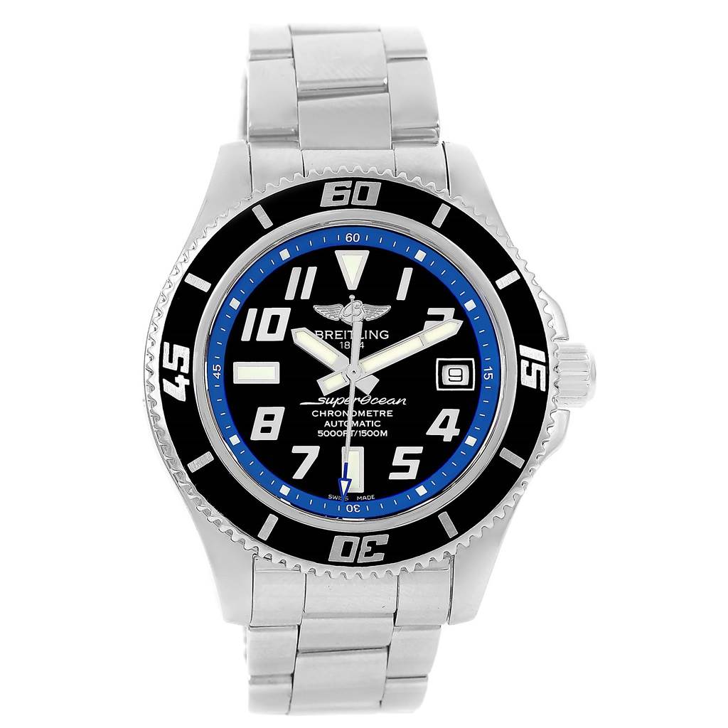 The image shows a front view of a Breitling Superocean A17364 Men's Stainless Steel Black Dial A17364 Men's Stainless Steel Black Dial watch, including its face, bezel, and metal bracelet.