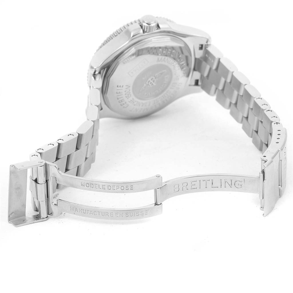 The image shows the back and clasp of a Breitling Superocean A17364 Men's Stainless Steel Black Dial A17364 Men's Stainless Steel Black Dial watch, focusing on the bracelet and engraved branding.