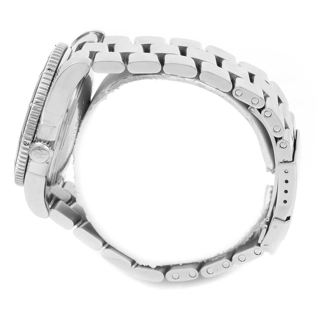 The image displays a side view of a Breitling Superocean A17364 Men's Stainless Steel Black Dial A17364 Men's Stainless Steel Black Dial watch, showcasing its bezel, crown, and metal bracelet.