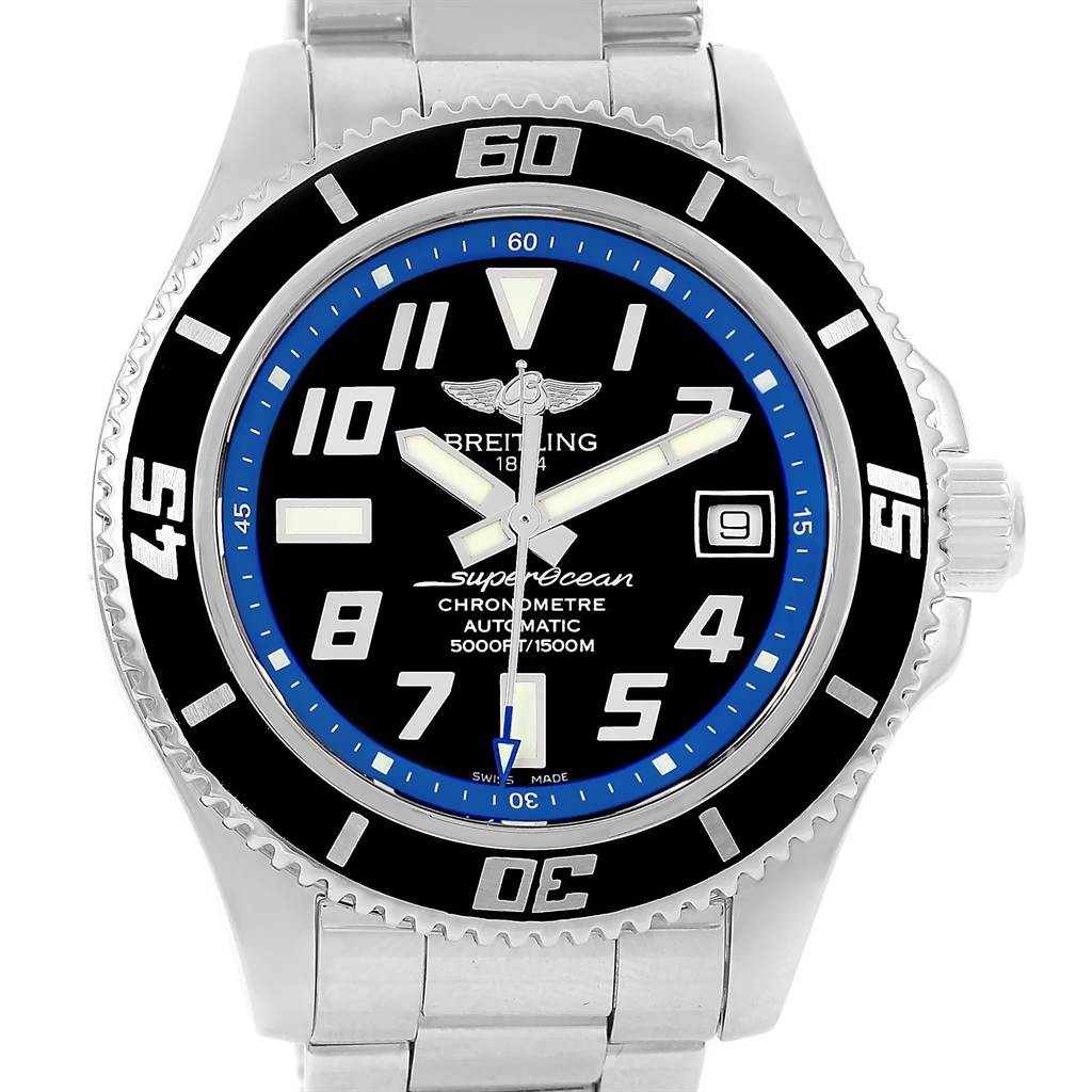 The Breitling Superocean A17364 Men's Stainless Steel Black Dial A17364 Men's Stainless Steel Black Dial watch is shown from the front, displaying its face, bezel, and part of the bracelet.