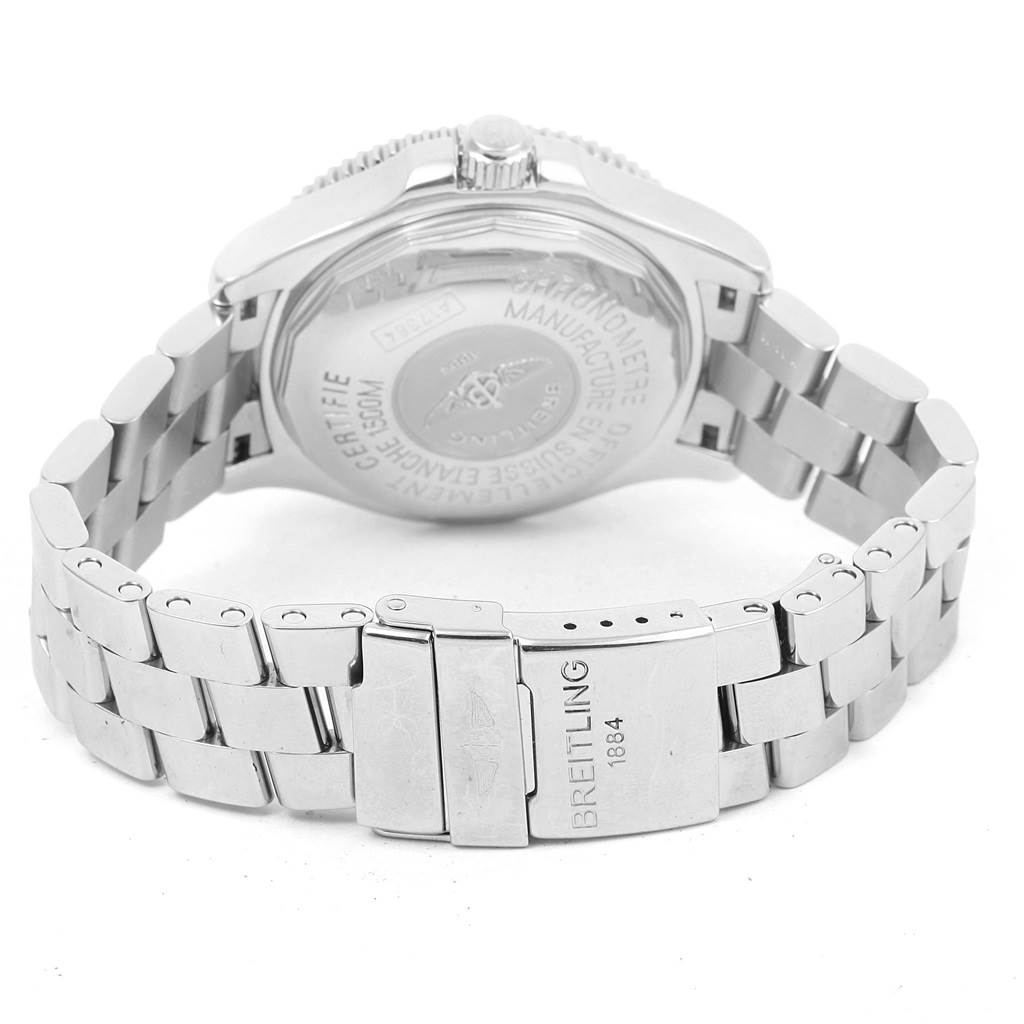 This image shows the case back and clasp of a Breitling Superocean A17364 Men's Stainless Steel Black Dial A17364 Men's Stainless Steel Black Dial watch from a rear angle.