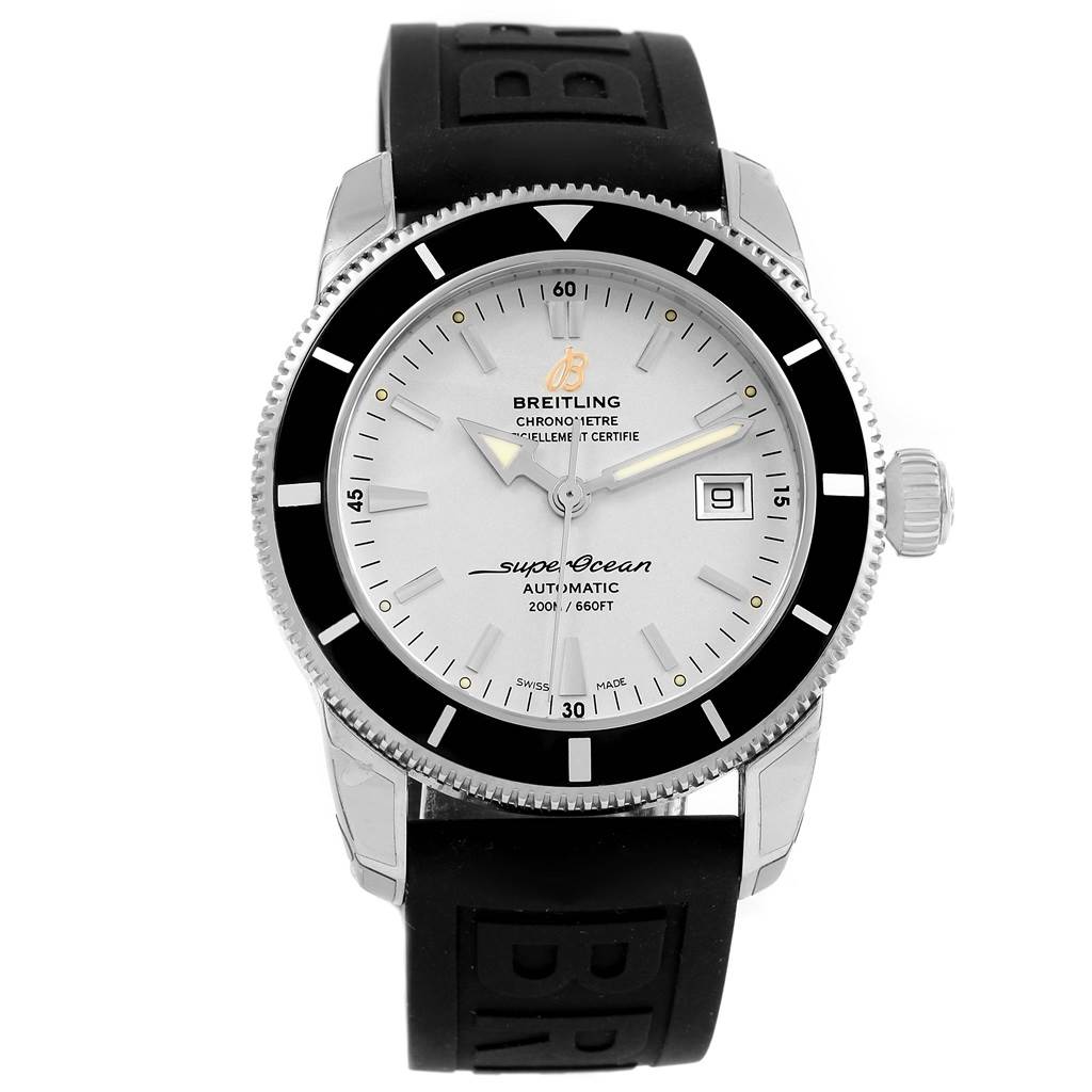 This image shows a front angle of the Breitling Superocean A17321 Men's Stainless Steel Silver Dial A17321 Men's Stainless Steel Silver Dial watch, highlighting the dial, bezel, and rubber strap.