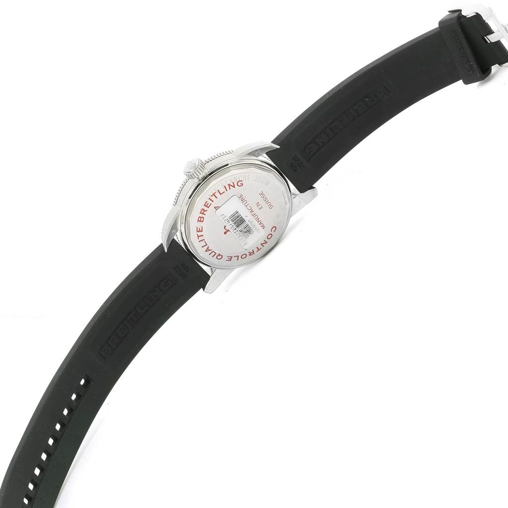 The image shows the back of a Breitling Superocean A17321 Men's Stainless Steel Silver Dial A17321 Men's Stainless Steel Silver Dial watch, highlighting the case back, crown, and black rubber strap.