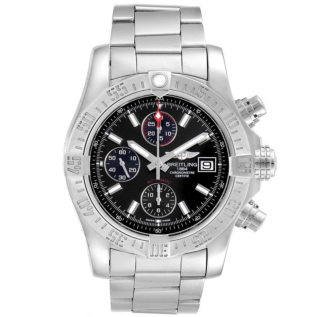 The Breitling Avenger A13381 Men's Stainless Steel Black Dial A13381 Men's Stainless Steel Black Dial watch is shown from a top-down view, displaying its face, bezel, and metal bracelet.