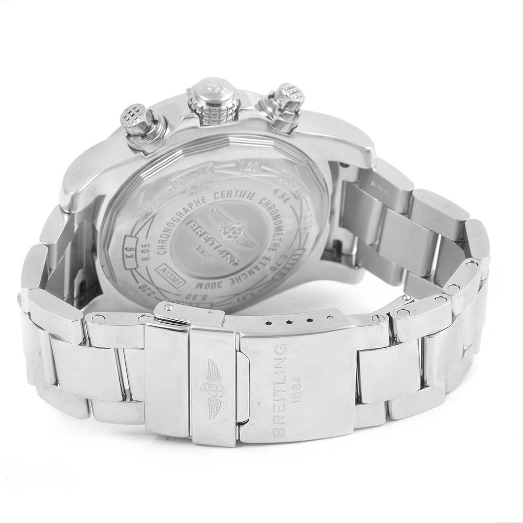 The image shows the back and clasp of a Breitling Avenger A13381 Men's Stainless Steel Black Dial A13381 Men's Stainless Steel Black Dial watch, highlighting the case back and part of the metal bracelet.