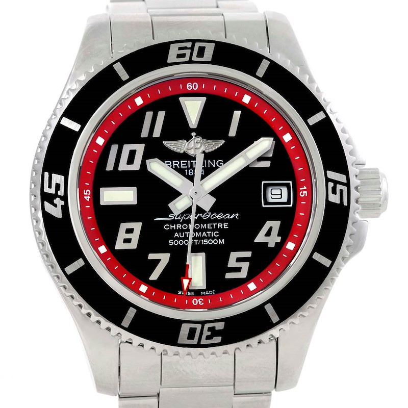 The image shows a front view of a Breitling Superocean watch, highlighting its dial, bezel, and silver bracelet.