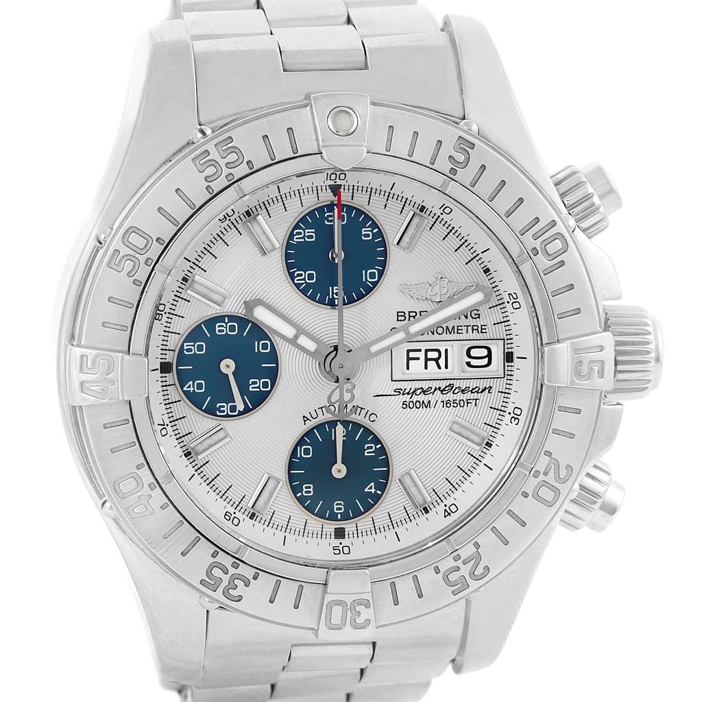 The image shows a frontal view of the Breitling Superocean A13381 Men's Stainless Steel Beige Dial A13381 Men's Stainless Steel Beige Dial model watch, highlighting its dial, bezel, and bracelet.