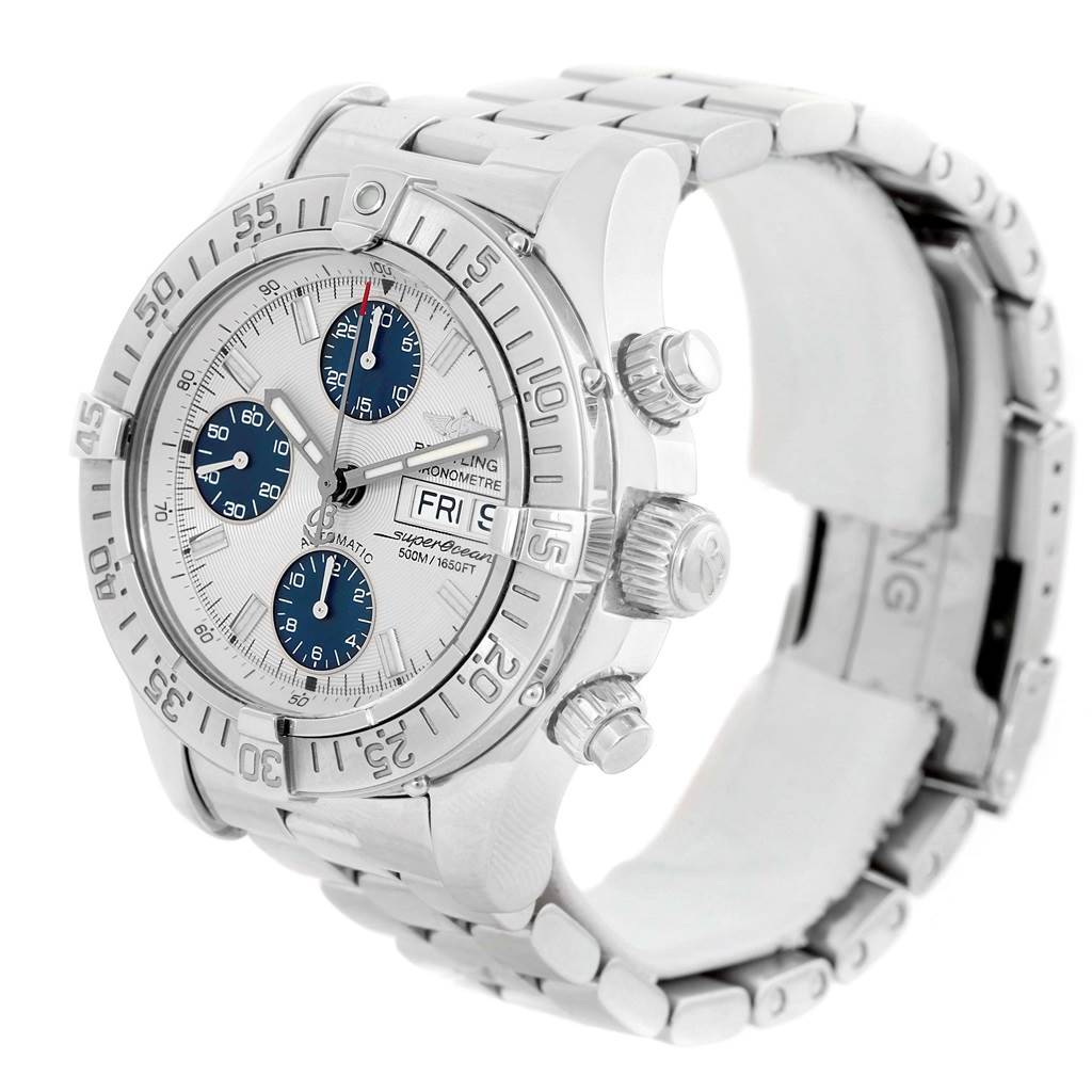 The Breitling Superocean A13381 Men's Stainless Steel Beige Dial A13381 Men's Stainless Steel Beige Dial watch is shown at a front-side angle displaying its face, bezel, crown, pushers, and stainless steel bracelet.