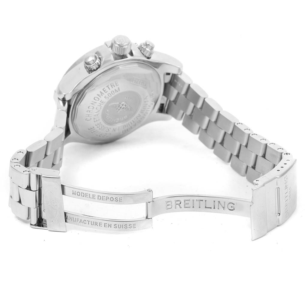 The image shows a rear angle of a Breitling Superocean A13381 Men's Stainless Steel Beige Dial A13381 Men's Stainless Steel Beige Dial watch, focusing on the case back and bracelet with the clasp open.