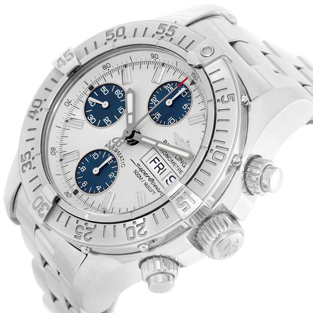 The image shows a Breitling Superocean A13381 Men's Stainless Steel Beige Dial A13381 Men's Stainless Steel Beige Dial watch at an angle, highlighting its face, bezel, and crown.