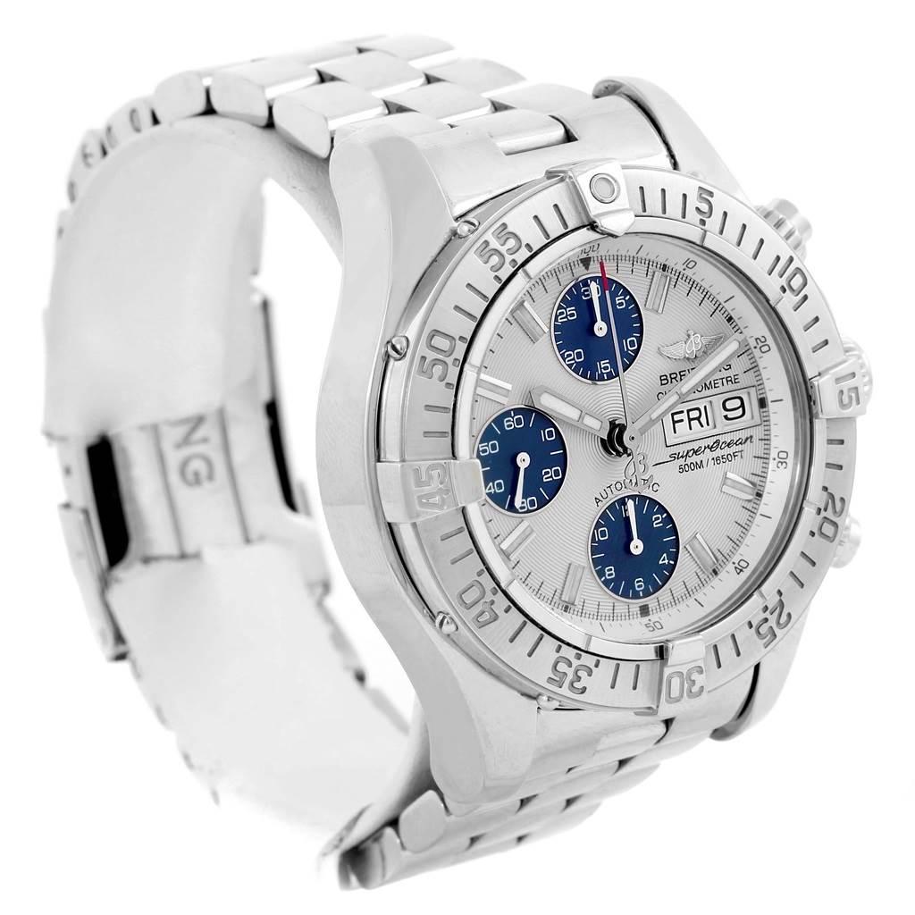 The image shows a Breitling Superocean A13381 Men's Stainless Steel Beige Dial A13381 Men's Stainless Steel Beige Dial watch at an angle displaying the face, bezel, crown, and part of the bracelet.