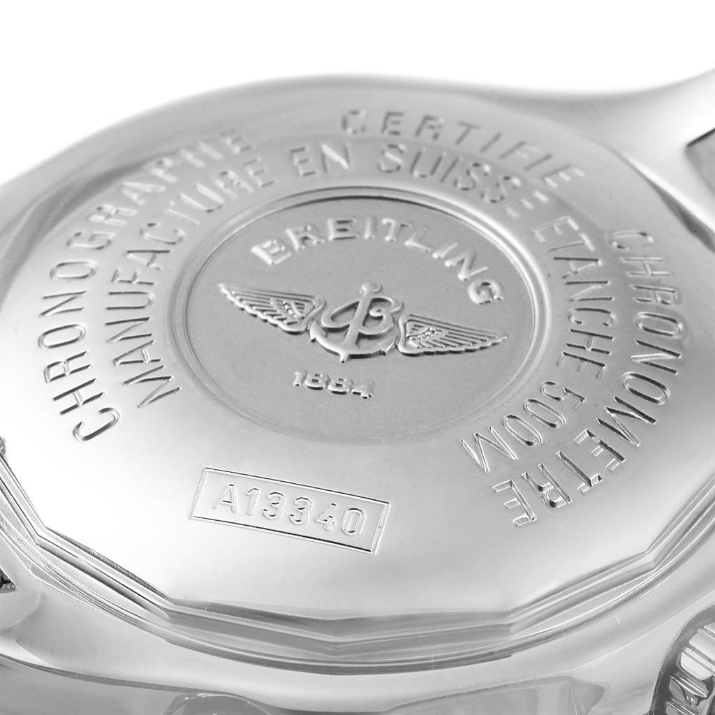 The image shows the back case of a Breitling Superocean A13381 Men's Stainless Steel Beige Dial A13381 Men's Stainless Steel Beige Dial watch, displaying the brand engraving and model number A13340.