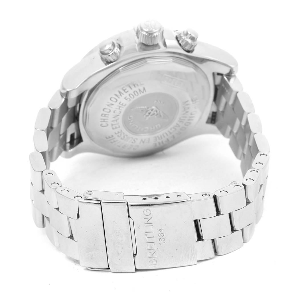 The image shows the back case and clasp of a Breitling Superocean A13381 Men's Stainless Steel Beige Dial A13381 Men's Stainless Steel Beige Dial watch at an angle.