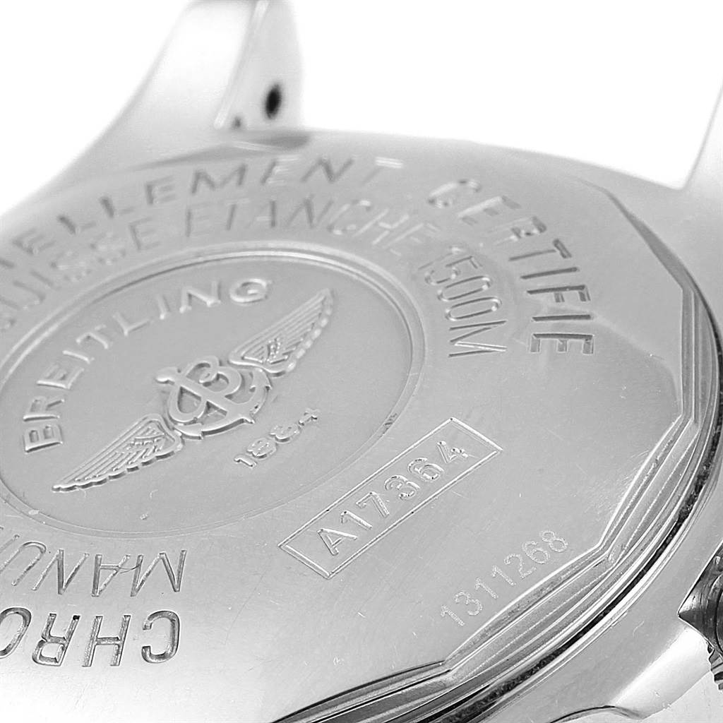 The image shows the back case of the Breitling Superocean A17364 Men's Stainless Steel Black Dial A17364 Men's Stainless Steel Black Dial watch, focusing on engraved details and model number.