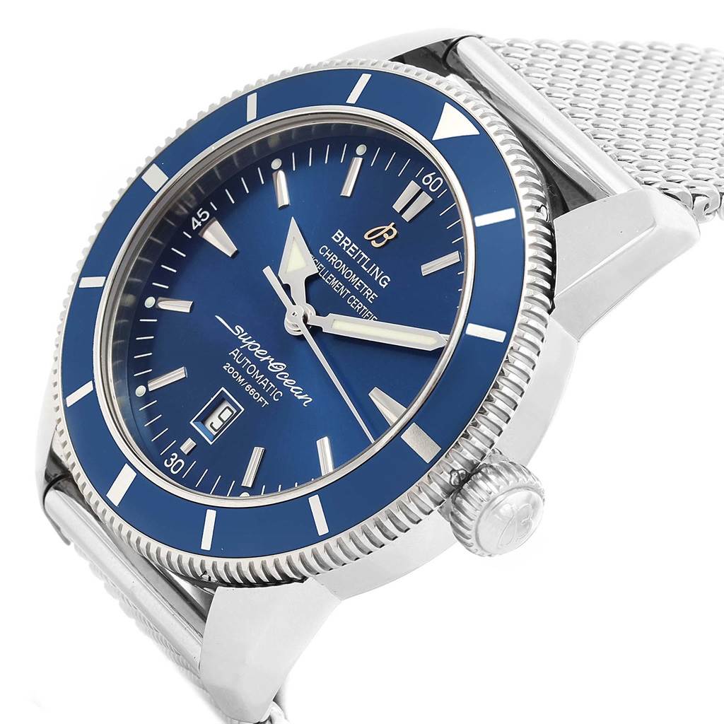 The Breitling Superocean A17320 Men's Stainless Steel Blue Dial A17320 Men's Stainless Steel Blue Dial watch is shown at an angled view highlighting the bezel, blue dial, crown, and mesh bracelet.