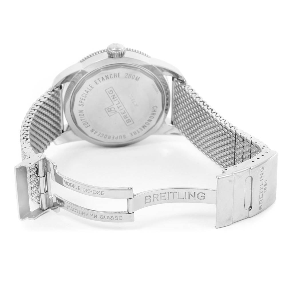 This image shows the back side of the Breitling Superocean A17320 Men's Stainless Steel Blue Dial A17320 Men's Stainless Steel Blue Dial watch, focusing on the case back and metal mesh bracelet with the open clasp.