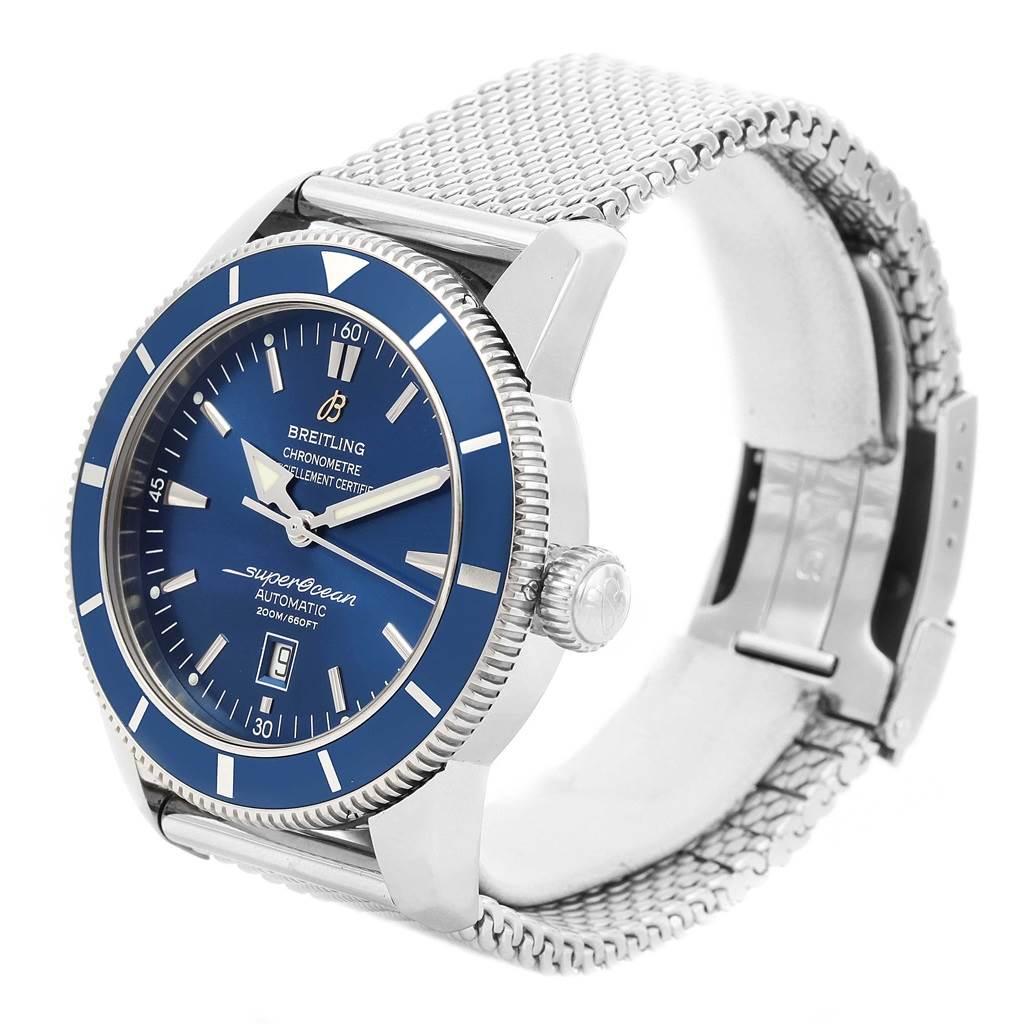 The image shows a Breitling Superocean A17320 Men's Stainless Steel Blue Dial A17320 Men's Stainless Steel Blue Dial watch from a front angle, highlighting the dial, bezel, crown, and metal mesh bracelet.