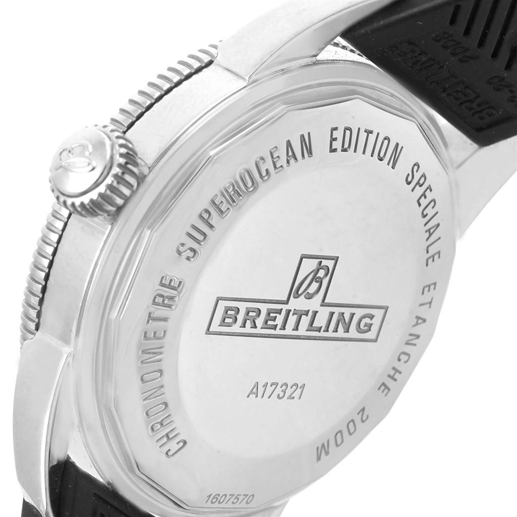 This image shows the back case and crown of a Breitling Superocean A17321 Men's Stainless Steel Black Dial A17321 Men's Stainless Steel Black Dial watch, highlighting its engravings and strap attachment.