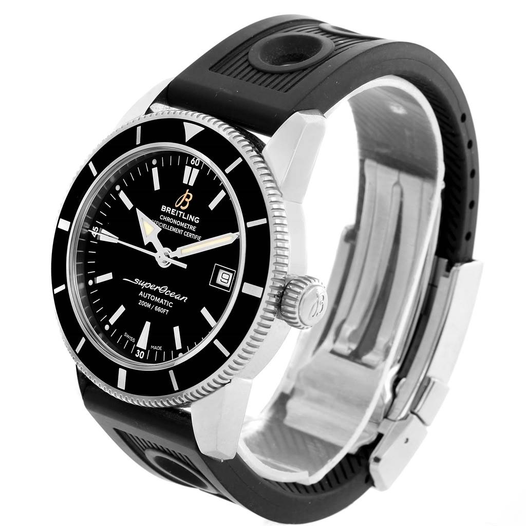 This is a Breitling Superocean A17321 Men's Stainless Steel Black Dial A17321 Men's Stainless Steel Black Dial watch shown from a front angle, displaying the dial, bezel, crown, and strap.