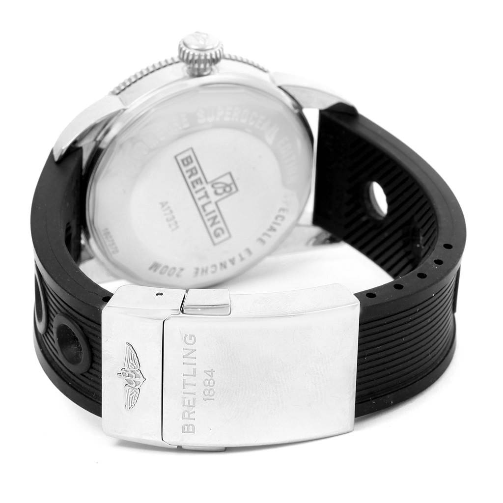 The image shows the back and side of the Breitling Superocean A17321 Men's Stainless Steel Black Dial A17321 Men's Stainless Steel Black Dial watch, highlighting the case back and the branded clasp of the strap.