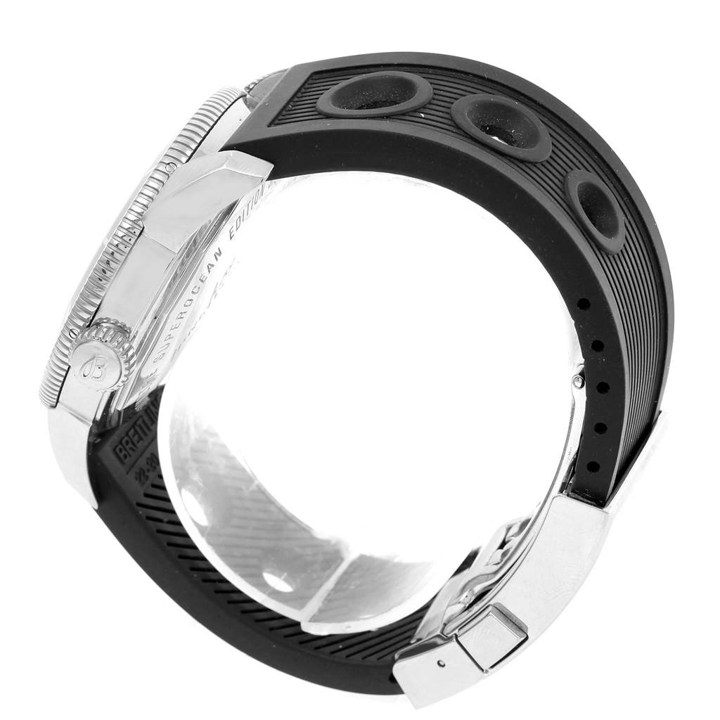 The image shows a side view of the Breitling Superocean A17321 Men's Stainless Steel Black Dial A17321 Men's Stainless Steel Black Dial watch, highlighting the bezel, crown, rubber strap, and clasp.