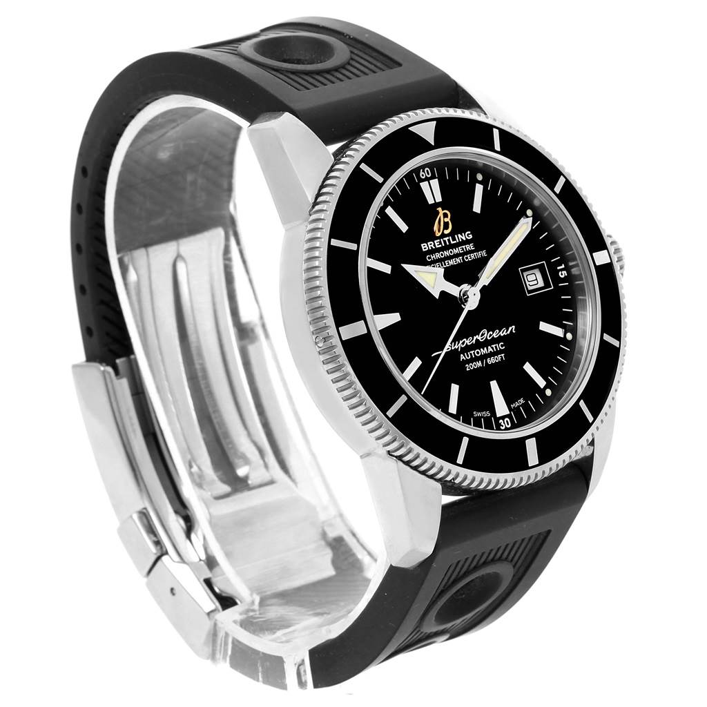 The Breitling Superocean A17321 Men's Stainless Steel Black Dial A17321 Men's Stainless Steel Black Dial watch is shown at an oblique angle, displaying the face and rubber strap with clasp.