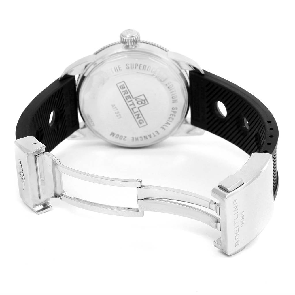 The image shows the backside and clasp of a Breitling Superocean A17321 Men's Stainless Steel Black Dial A17321 Men's Stainless Steel Black Dial watch with an open black rubber strap.
