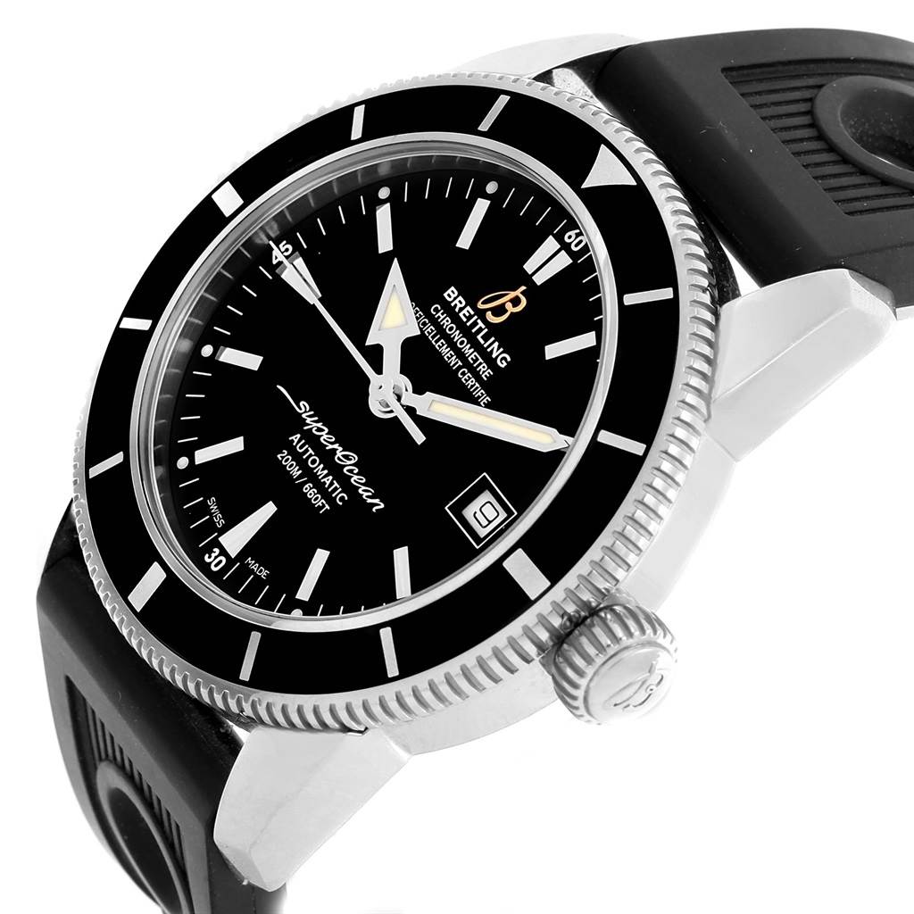 The image shows a detailed angled view of the Breitling Superocean A17321 Men's Stainless Steel Black Dial A17321 Men's Stainless Steel Black Dial watch, highlighting the face, bezel, crown, and strap.