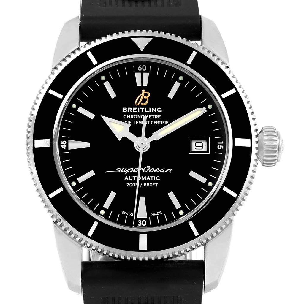 The image shows a Breitling Superocean A17321 Men's Stainless Steel Black Dial A17321 Men's Stainless Steel Black Dial watch from the front, highlighting its black dial, bezel, luminous markers, date window, and crown.